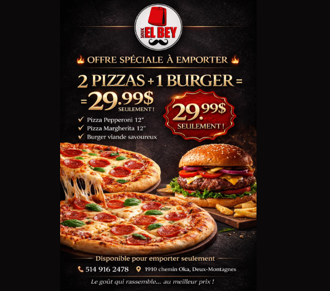 Offre Spéciale — 2 Pizzas + 1 Burger à 29,99$